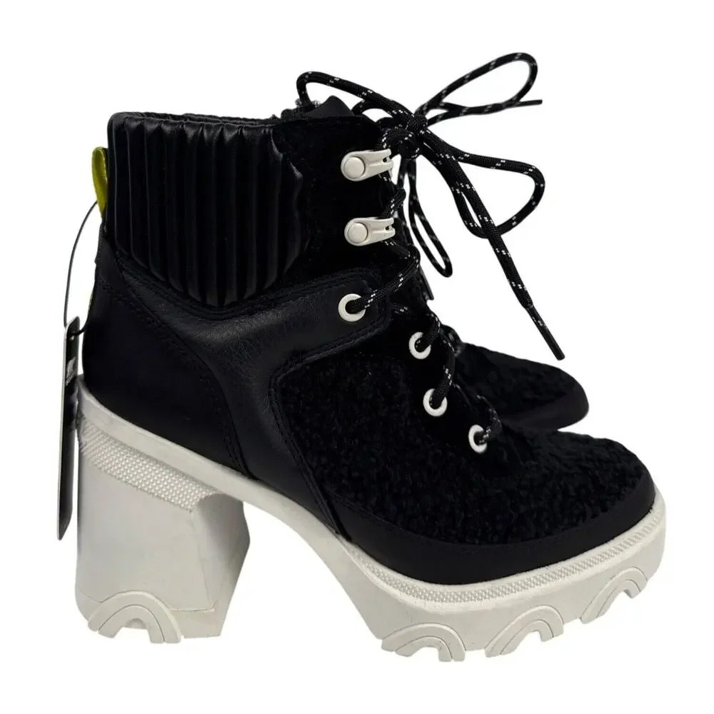 Sorel Brex‎ Heel Cozy Lace Bootie Womens 6.5 Black Leather Faux Shearling